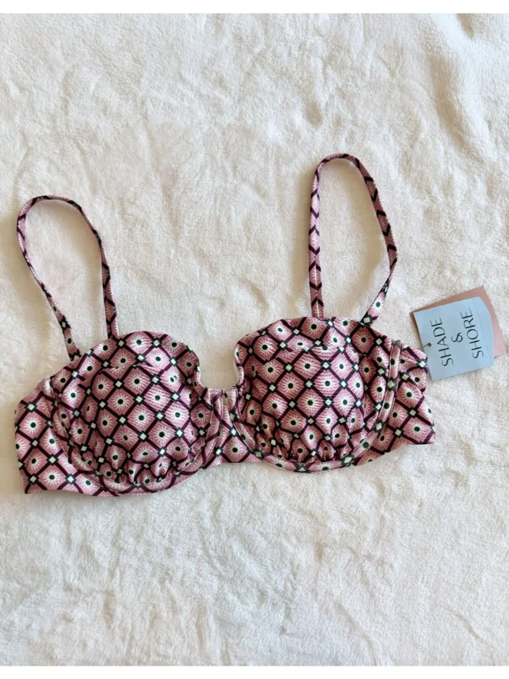 NWT Shade & Shore Pink and Black Geometric Patterned Underwire Bikini Top - 36C